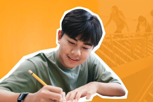 Student studying and writing