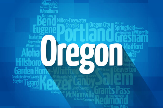 List of cities in Oregon USA state, map silhouette word cloud, map concept background