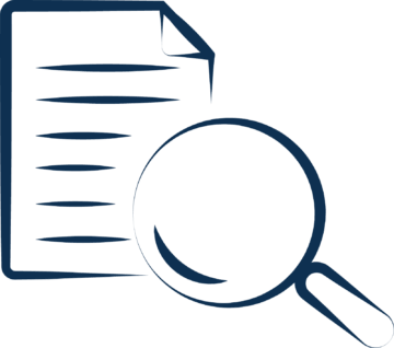 A hand drawn magnifying glass over a sheet of paper in dark blue.