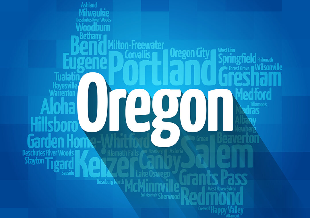 List of cities in Oregon USA state, map silhouette word cloud, map concept background