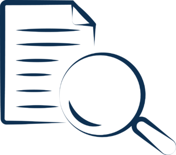A hand drawn magnifying glass over a sheet of paper in dark blue.