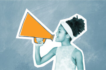 A young Black girl holding an orange megaphone, shouting.